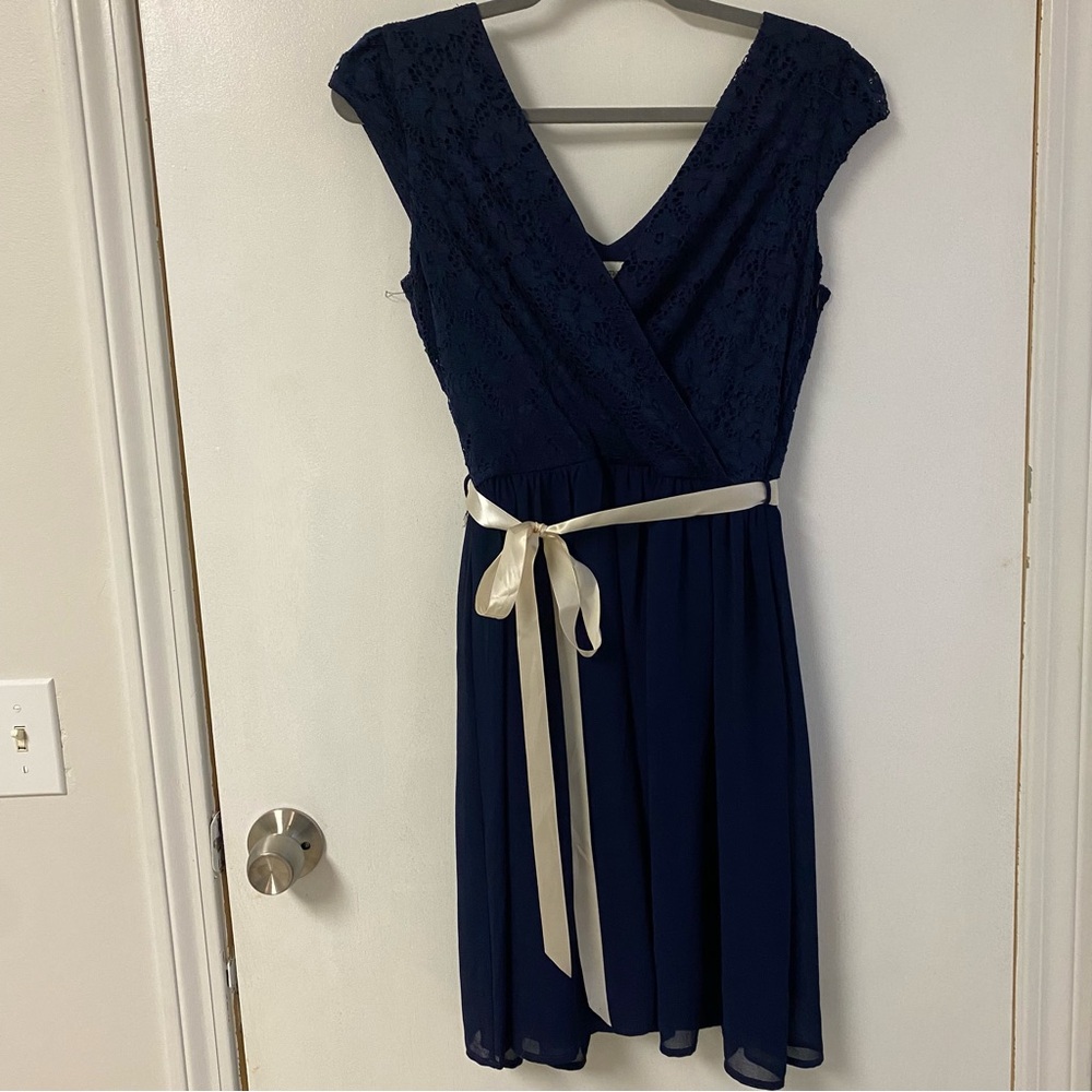 ModCloth navy lace dress with pale pink tie